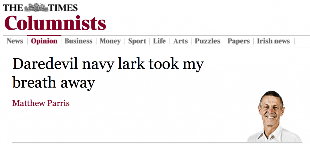 Article in The Times - Daredevil navy lark took my breath away 9/9/15